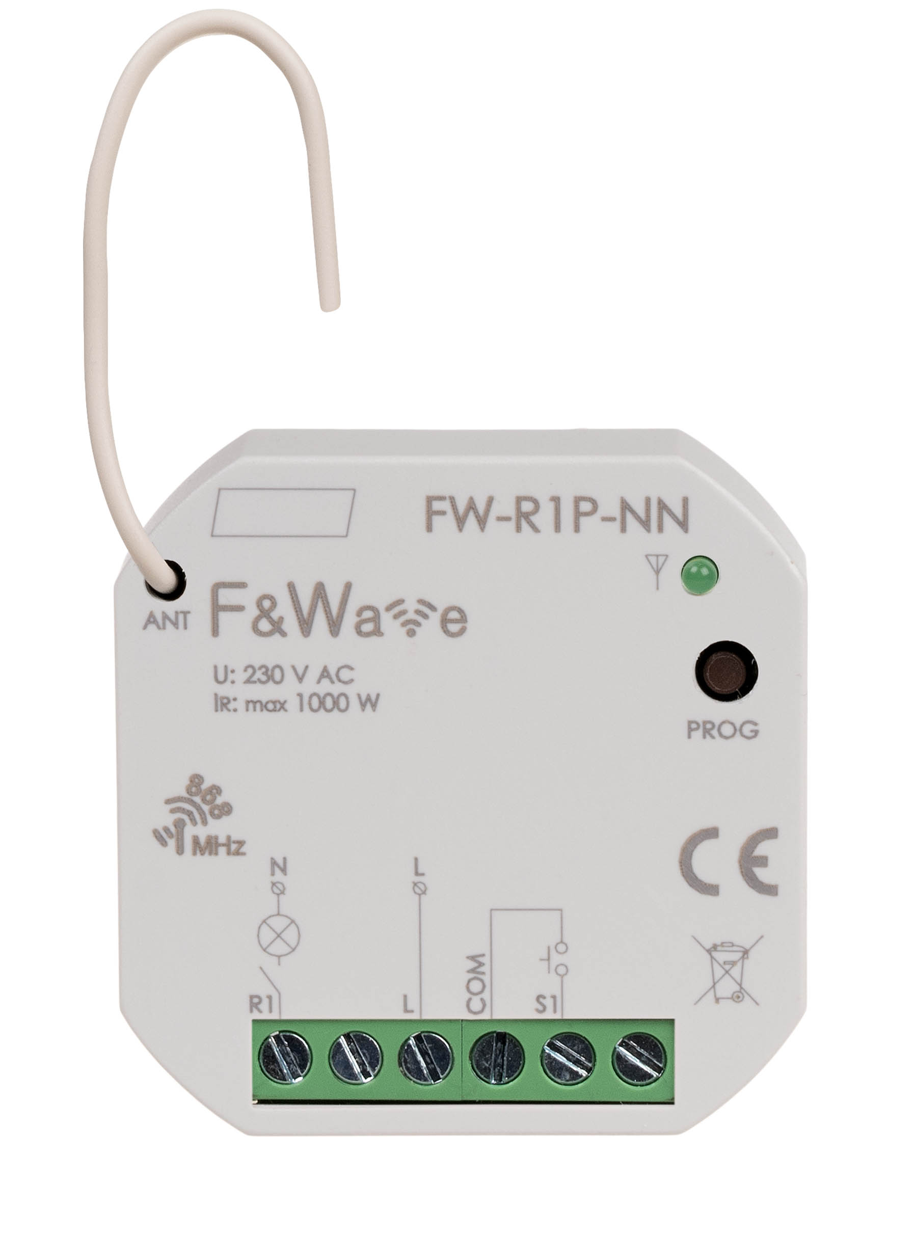 Radiowy pojedyńczy przekaźnik wielofunkcyjny, do instalacji bez przewodu neutralnego FiWave FW-R1P-NN